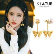 d家蝴蝶珍珠耳环，女复古气质耳钉925纯银，黄铜高级感超仙法式耳饰品