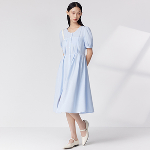 indicia浅蓝色连衣裙中长款短袖，单排扣裙子圆领2023夏季女装