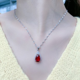 红宝石项链925纯银水滴锁骨，链女气质名媛时尚，水晶高级感毛衣链