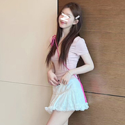 高端版赵露思明星同款粉色，t恤短袖上衣，+白色蕾丝裙裤两件套装女