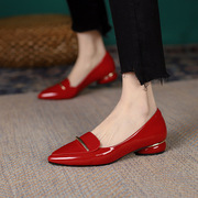 平底鞋女2024春夏季真皮尖头，红色平跟单鞋浅口皮鞋瓢鞋女鞋子