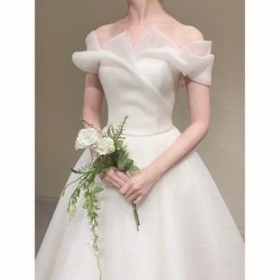 春季 出门轻新娘结婚礼服大码简约白色一字肩绑带齐地款婚纱