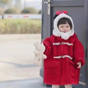 韩国童装男女宝宝喜庆红新年圣诞连帽牛角扣红大衣毛绒外套