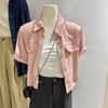 粉色牛仔衬衫外套女宽松短袖翻领休闲韩版夹克设计感小众短款上衣
