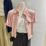 粉色牛仔衬衫外套女宽松短袖，翻领休闲韩版夹克，设计感小众短款上衣