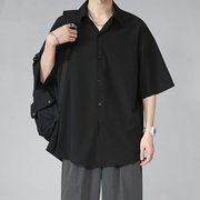 短袖衬衫男黑色冰丝夏季薄款垂感宽松衬衣高级大码休闲内搭寸衫潮