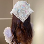 法式蕾丝镂空包头巾花朵甜美少女领巾复古装饰拍照三角丝巾发带夏