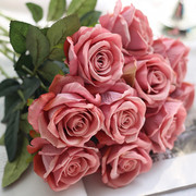 仿真玫瑰花束单枝婚庆新娘花，摄影道具绒布假花干花艺客厅插花摆设