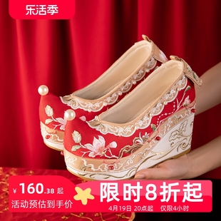 秀禾婚鞋女中式古风，婚鞋坡跟10cm增高绑带改良唐风翘头刺绣汉服鞋