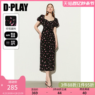 dplay2024夏法式(夏法式)方领泡泡，袖连衣裙后背镂空绝美黑色碎花连衣裙