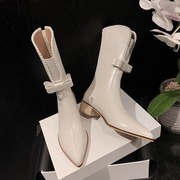韩版靴子女单靴春秋，2023真皮蝴蝶结珍珠，中筒靴中跟粗跟镂空女