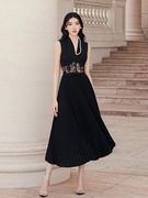 越南小众黑色性感礼服设计师蕾丝镂空露腰气质无袖百褶连衣裙
