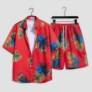 沙滩花衬衫男夏季薄款短袖宽松潮流两件套休闲套装夏威夷男士衬衣