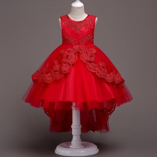 儿童礼服公主裙女童红色连衣裙，花童拖尾蓬蓬裙生日小主持人演出服