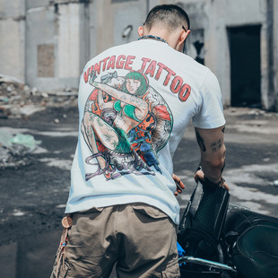 t恤欧美高街潮牌刺青纹身小众，潮流摇滚机车男街头港风美式摩托