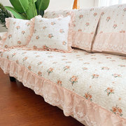 夏季粉色全棉布艺沙发垫，防滑四季通用纯棉坐垫全盖加厚靠背巾田园