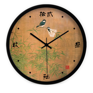 创意新中式古典工笔花鸟客厅卧室现代静音，时钟石英钟挂钟