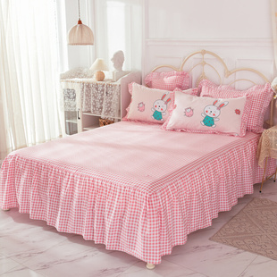 床裙全棉纯棉粉色格子公主风，1.5米1.8m2.0简约1.2床套防滑防尘罩