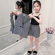 女童夏季三件套韩版马甲套装2024儿童格子夏款时尚吊带套装潮