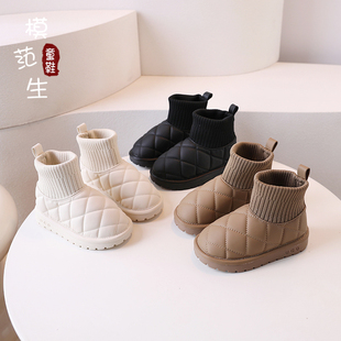 儿童韩版雪地靴洋气连袜短靴，面包鞋2023冬季男女童保暖大棉鞋