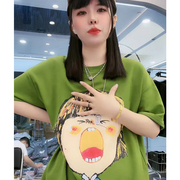 欧韩风2023彩色涂鸦女孩绿色t恤女大码纯棉中长款短袖上衣潮
