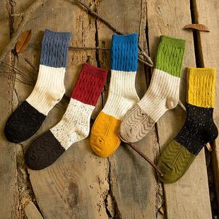 处理袜子个性粗线纯棉，拼色堆堆袜女棉袜，甜美中筒袜森林系