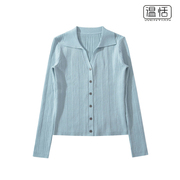 美式复古蓝色V领单排扣修身显瘦灰色针织衫开衫上衣女