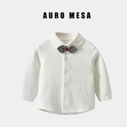 AuroMesa婴儿长袖衬衫帅气男宝宝领结小正太绅士打底衬衣白色上衣
