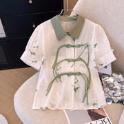 改良汉服重工刺绣盘扣小众上衣，新中式女装夏季复古欧根纱短袖衬衫