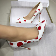 欧美春款12cm红白拼色波点高跟鞋浅口性感女单鞋大码尖头细跟10cm