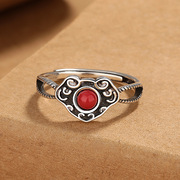 复古民族风镶嵌南红如意戒指女泰银做旧工艺，时尚气质个性活口指环
