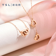 TSL谢瑞麟甜心系列18k金项链双爱心一款多戴玫瑰金套链AG876