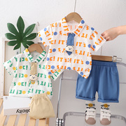 巴拉巴柆夏装套装，2024洋气婴儿童装男童夏季薄款短袖衬衫两件