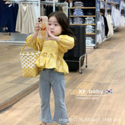 韩系童装2023春装女童洋气泡泡袖黄色碎花衬衫儿童风衣