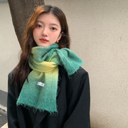 含羊毛针织毛线围巾女生冬季2023百搭围脖韩版渐变保暖绿色潮
