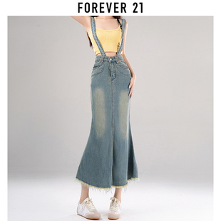 forever21美式复古牛仔，背带裙女春夏高腰开叉，包臀鱼尾中长裙