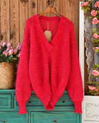 丝带混织慵懒甜美气质，大v领秋冬温暖马海毛纯色宽松套头毛衣玫红