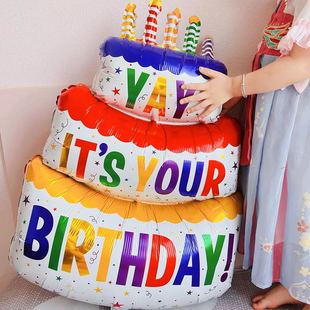 ins网红小红书三层蛋糕彩色，铝膜气球拍照道具，生日装饰场景布置