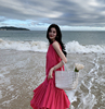 三亚海边度假沙滩裙玫红色拼接百褶吊带连衣裙，女夏季旅游气质长裙