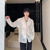 欧根纱衬衫男时尚绣花系带长袖衬衣韩版夏季薄款微透性感防晒上衣