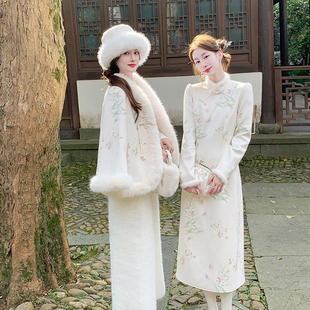 果果家 新中式大毛领羽绒服外套女冬季国风旗袍连衣裙套装两件套