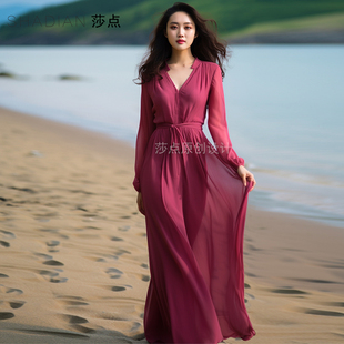 度假长裙雪纺连衣裙夏季玫红色高级感到脚踝，长款裙海边沙滩裙