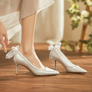 法式缎面白色高跟鞋女不累鞋，绝美婚鞋2024主，婚纱礼服新娘鞋