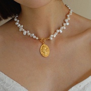 法式复古花瓣巴洛克珍珠项链女 复古气质椭圆女神金币珍珠项链