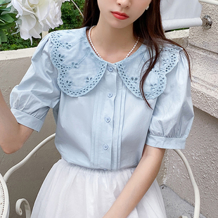 韩国chic夏季法式简约花边娃娃，领蕾丝钩花单排扣泡泡袖衬衫上衣女