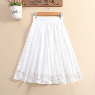 夏季蕾丝半身裙白色中长款大摆裙中裙高腰半裙女蓬蓬裙伞裙短裙子