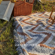 北欧风波浪纹野餐毯户外野炊地垫露营垫子野餐布几何拼接沙发毯