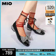 MIO米奥甜美风圆头低跟一脚蹬细钻蝴蝶结优雅浅口单鞋女小皮鞋