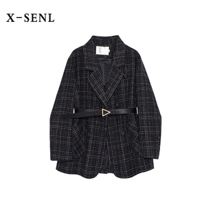 X-SENL毛呢西装外套女秋冬质感加厚上衣高级感英伦风黑色格子西服