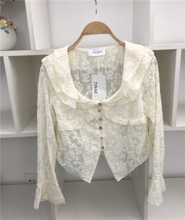 春季女士3层翻领长袖白色贝壳，扣蕾丝衫，衬衫衬衣女珍珠雪纺网纱衫